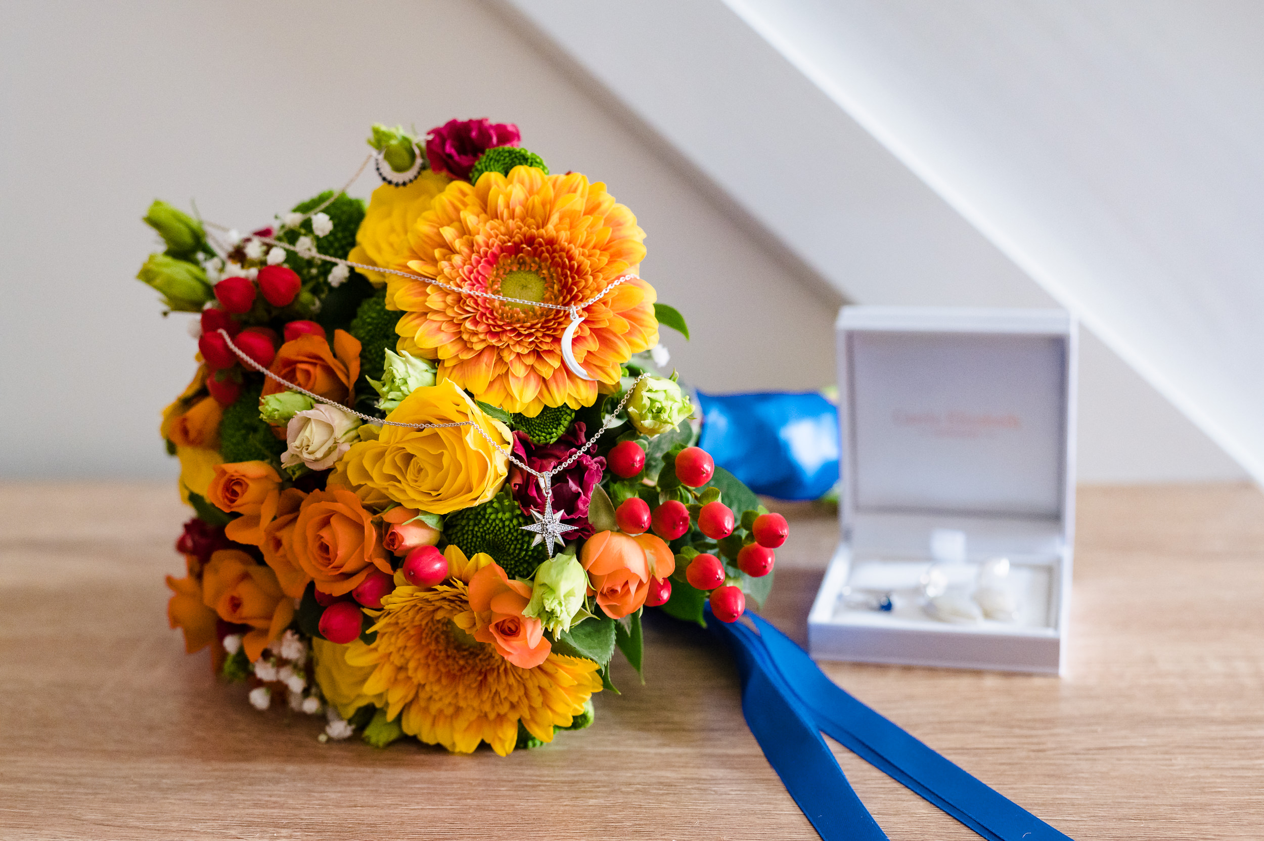 colourful bridal bouquet and jewellery