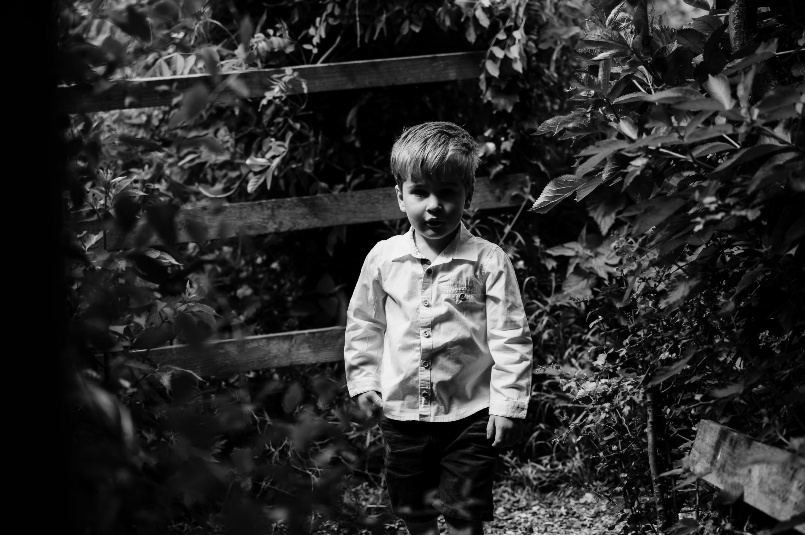 Little boy in the woods with white shirt and shorts family photoshoot rutland